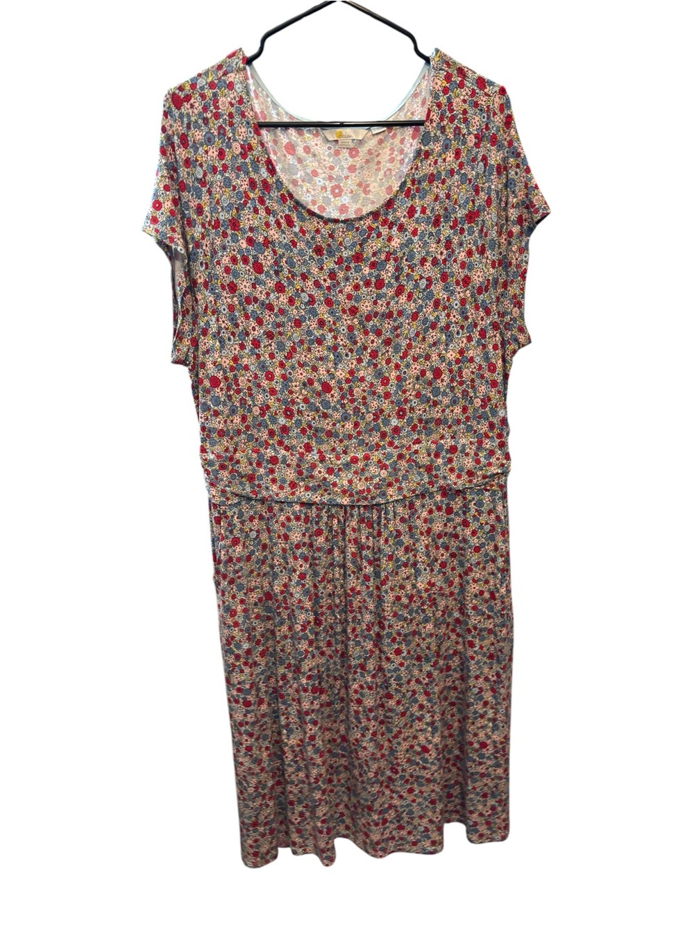 Boden Cream Floral Scoop-Neck Midi Dress with Red & Blue Blossoms - Picture 1 of 6